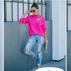 NWOT. WILDEST DREAMS KNIT CUTOUT SWEATER - BRIGHT PINK